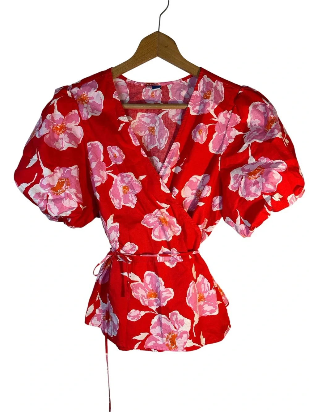 Old Navy Floral Puff Sleeve Peplum Wrap Top Waist Defining Tie XL Red Pink